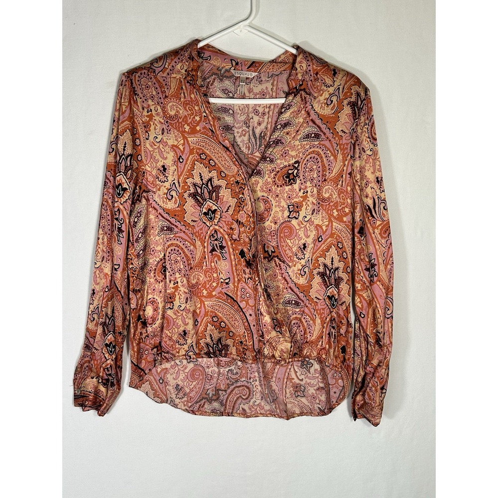 Esqualo Paisley Blouse Womens V-Neck Orange Pink Expression Print Long Sleeve 8